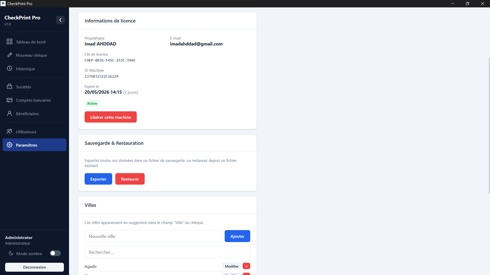 Paramètres et gestion de licence — CheckPrint Pro